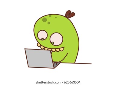 Cute Bean Monster working on the laptop. Vector Illustration. Isolated on white background.