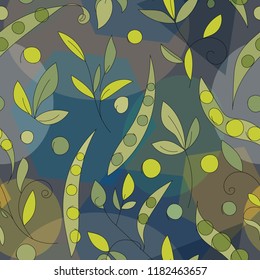 Cute bean pods green background with abstract elements. Seamless pattern is good for any types of prints