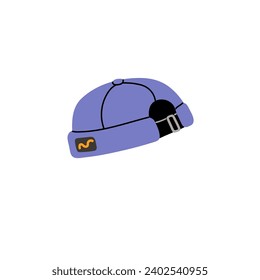 Cute beanie docker hat. Funny baseball cap without peak. Stylish small round headwear with clasp. Fashionable unisex head accessory, clothes. Flat isolated vector illustration on white background