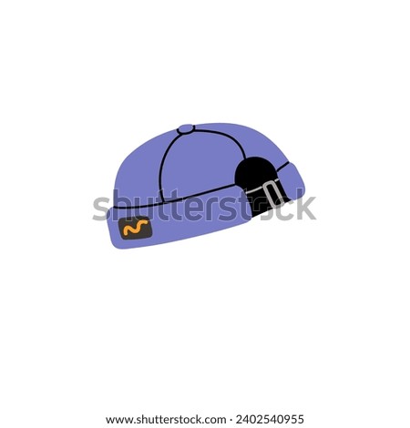 Cute beanie docker hat. Funny baseball cap without peak. Stylish small round headwear with clasp. Fashionable unisex head accessory, clothes. Flat isolated vector illustration on white background