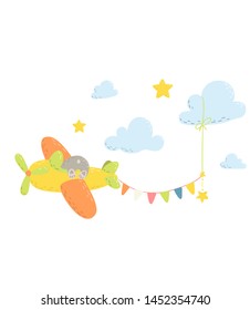Cute bear in the airplane.  Cartoon flat vector illustration for kids. Perfect for t-shirt print, nursery  textile