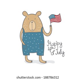 Cute bear with American flag. Greeting card for 4th of July, Independence Day of the United States.