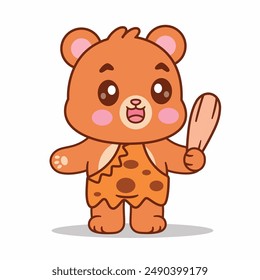 Cute Bear Ancient Holding Wood Stick Cartoon Vector Icon Illustration. Animals Nature Icon Isolated Premium Vector. Cartoon Style