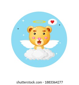 A cute bear angel flying above the clouds