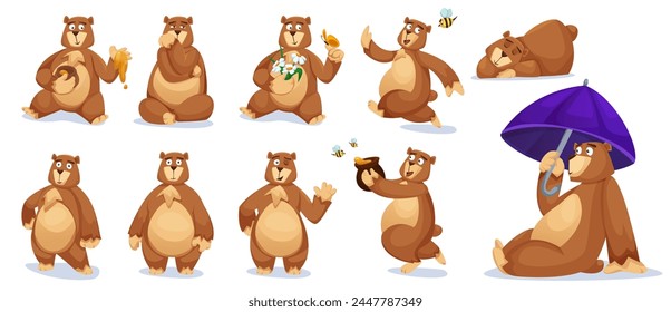 Cute bear animal cartoon character vector set. Funny teddy grizzly sitting with honey, sleep and waving comic collection. Happy childish drawing icon. Fluffy friendly smile pet and small bee insect