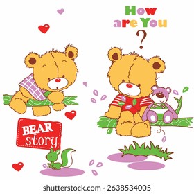 Cute bear and animal cartoon set for kids – perfect for children’s books, nursery prints, and baby apparel.