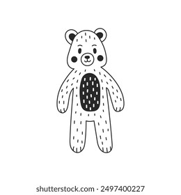 Cute Bear Animal Doodle Art. Hand drawn Adorable forest mammal character in sketch cartoon style with black hatching. Isolated vector illustration