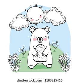 cute bear animal with flowers plants
