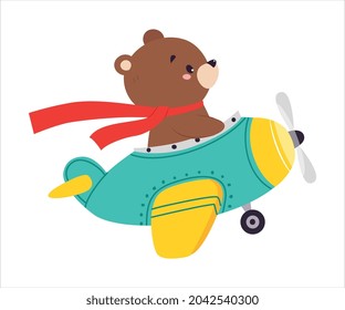 Cute Bear Animal with Fluttering Scarf Flying on Airplane with Propeller Vector Illustration