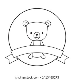 cute bear animal in frame circular with ribbon