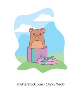 cute bear animal in gift box in landscape