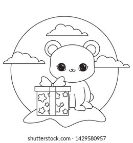 cute bear animal with gift box in landscape