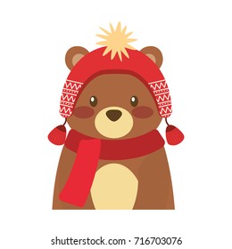 cute bear animal with hat and scarf