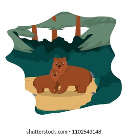 cute bear animal with his son in the landscape