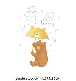 Cute bear animal with kawaii umbrella under the rain vector illustration isolated on white. Rainy weather graphics for Scandinavian childish nursery design.