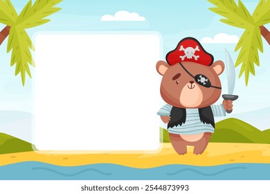 Cute Bear Animal Pirate and Sea Robber Empty Banner Vector Template