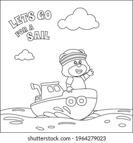 Cute bear the animal sailor on the boat with cartoon style. Creative vector Childish design for kids activity colouring book or page.