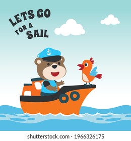 Cute bear the animal sailor on the boat with cartoon style. Can be used for t-shirt print, kids wear fashion design, baby shower invitation card. fabric, textile, nursery wallpaper, poster.