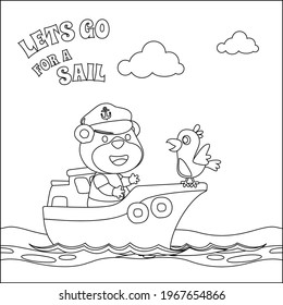 Cute bear the animal sailor on the boat with cartoon style. Creative vector Childish design for kids activity colouring book or page.