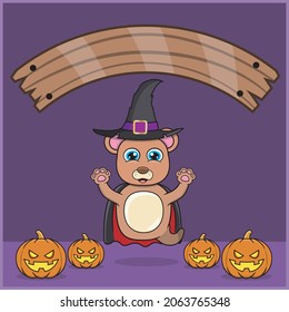 Cute Bear Animal wearing Vampire Halloween Custome, With Blank Space Banner, Pumpkins and Flying Position. Vector And Illustration.