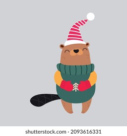 Cute Bear Animal Wear Warm Sweater und Hut genießen Wintersaison Vektorgrafik