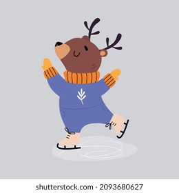 Cute Bear Animal Wearing Warm Clothes Ice Skating Enjoying Winter Season Vector Illustration