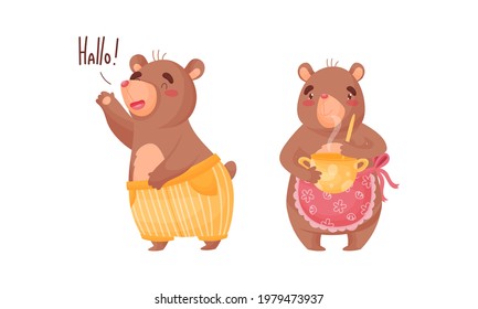 Cute Bear in Apron Cooking and Greeting Vector Set