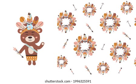 Oso lindo con flecha y plumas cortan al estilo boho. Conjunto de patrones e ilustraciones sin fisuras vectoriales.  Ilustración infantil hecha a mano por vectores.