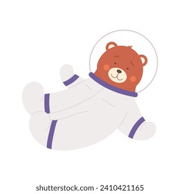 Cute bear in astronaut costume. Wild adorable animal exploring space universe cartoon vector illustration