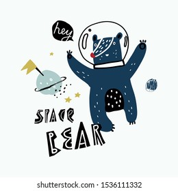 Cute bear astronaut in helmet. Can be used for t-shirt print, kids wear fashion design, baby card.