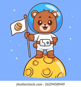 Cute Bear Astronaut Holding Honeycomb Flag On Moon Cartoon Vector Icon Illustration. Animal Science Icon Concept Isolated Premium Vector. Flat Cartoon Style