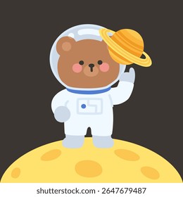 Astronauta urso bonito segurando planeta Saturno em gesto lúdico na ilustração do vetor da lua