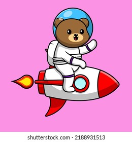 Cute Bear Astronaut Riding Rocket And Waving Hand Cartoon Vector Icon Illustration. Animal Technology Flat Cartoon Concept