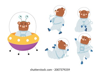 Cute bear astronaut set. Collection of kids character isolated on white background. Hand drawn vector illustration.