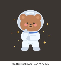 Astronauta de urso bonito em pose tímida com mãos nas bochechas na ilustração do vetor do espaço estrelado