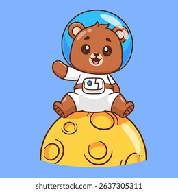 Cute Bear Astronaut Sitting On Moon Cartoon Vector Icon Illustration. Animal Science Icon Concept Isolated Premium Vector. Flat Cartoon Style