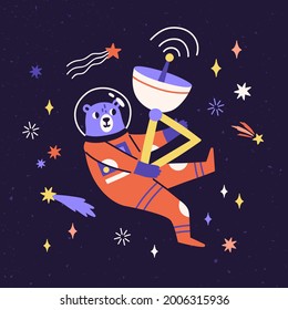 Cute bear astronaut in space suit flying in cosmos among stars and comets. Funny animal cosmonaut traveling in universe. Fantastic galaxy adventure. Childish colored flat vector illustration