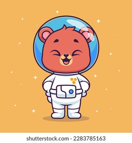 Cute Bear Astronaut Standing In Space Cartoon Vector Icon Illustration. Animal Science Icon Concept Isolated Premium Vector. Flat Cartoon Style