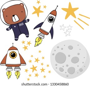 cute bear in astronaut suit with space theme design elements isolated on white. hand drawn style illustration. can be used for nursery decoration, design for baby and kids