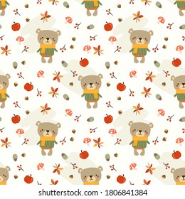 Cute bear and autumn leaves seamless pattern. 