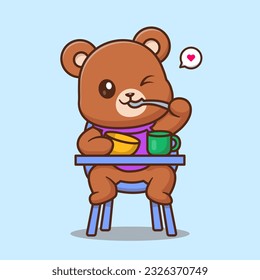 Cute Bear Baby Eating Porridge On Baby Seat Cartoon Vector Icon Illustration. Animal Food Icon Concept Isolated Premium Vector. Flat Cartoon Style