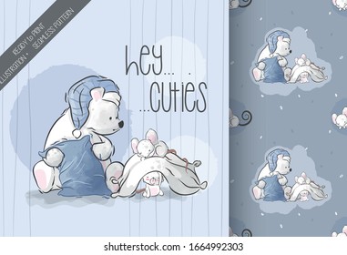 Cute  bear with baby mouse illustration seamless pattern