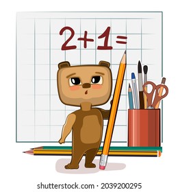 Cute Bear baby is trying to count. Studying numbers and counting. Funny animal kid. Stationery and pencil. Writes in notebook. Mathematics illustration. Isolated on white background. Vector