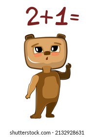 Cute Bear baby is trying to count. Can not. Studying numbers and counting. Funny animal kid. Mathematics illustration for children. Isolated over white background. Vector.
