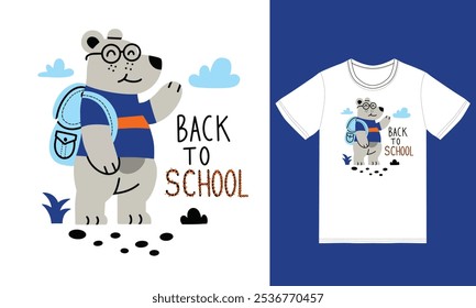 Cute bear back to school illustration with tshirt design vector the Concept of Isolated Technology. Flat Cartoon Style Suitable for Landing Web Pages,T shirt, Flyers, Stickers