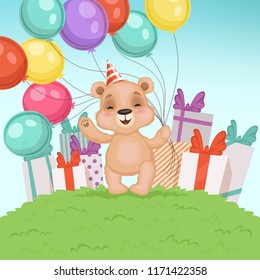 Cute bear background. Funny teddy bear toy for kids sitting or standing birthday or valentine gifts vector character. Illustration of teddy bear with gift box