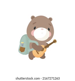Oso lindo con mochila y guitarra. Estilo de caricatura. Ilustración vectorial. Para tarjetas, afiches, carteles, libros, impresión en el envase, impresión en ropa, textil o vajilla.