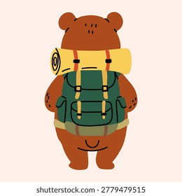 Cute Bear Backpacker with Camping Gear Illustration