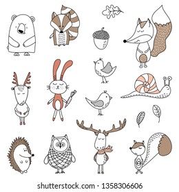 Cute bear, badger, fox, acorn, nut, leafs, roe, deer, bunny, birds, snail, hedgehog, owl, squirrel  - Vector hand drawn doodle character illustrations for posters, cards, t-shirts. 