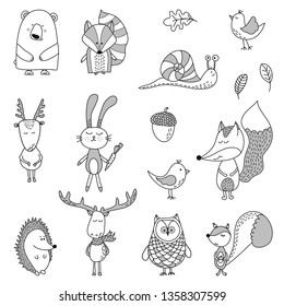 Cute bear, badger, fox, acorn, nut, leafs, roe, deer, bunny, birds, snail, hedgehog, owl, squirrel  - Vector hand drawn doodle character illustrations for posters, cards, t-shirts. 